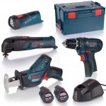 Tool Set 10,8V aku roubovk GSR + pila ocaska GSA + multi bruska GOP + lampa GLI + 2x 10,8V 2,0Ah + nabjeka AL1130CV + L-Boxx 3 Bosch